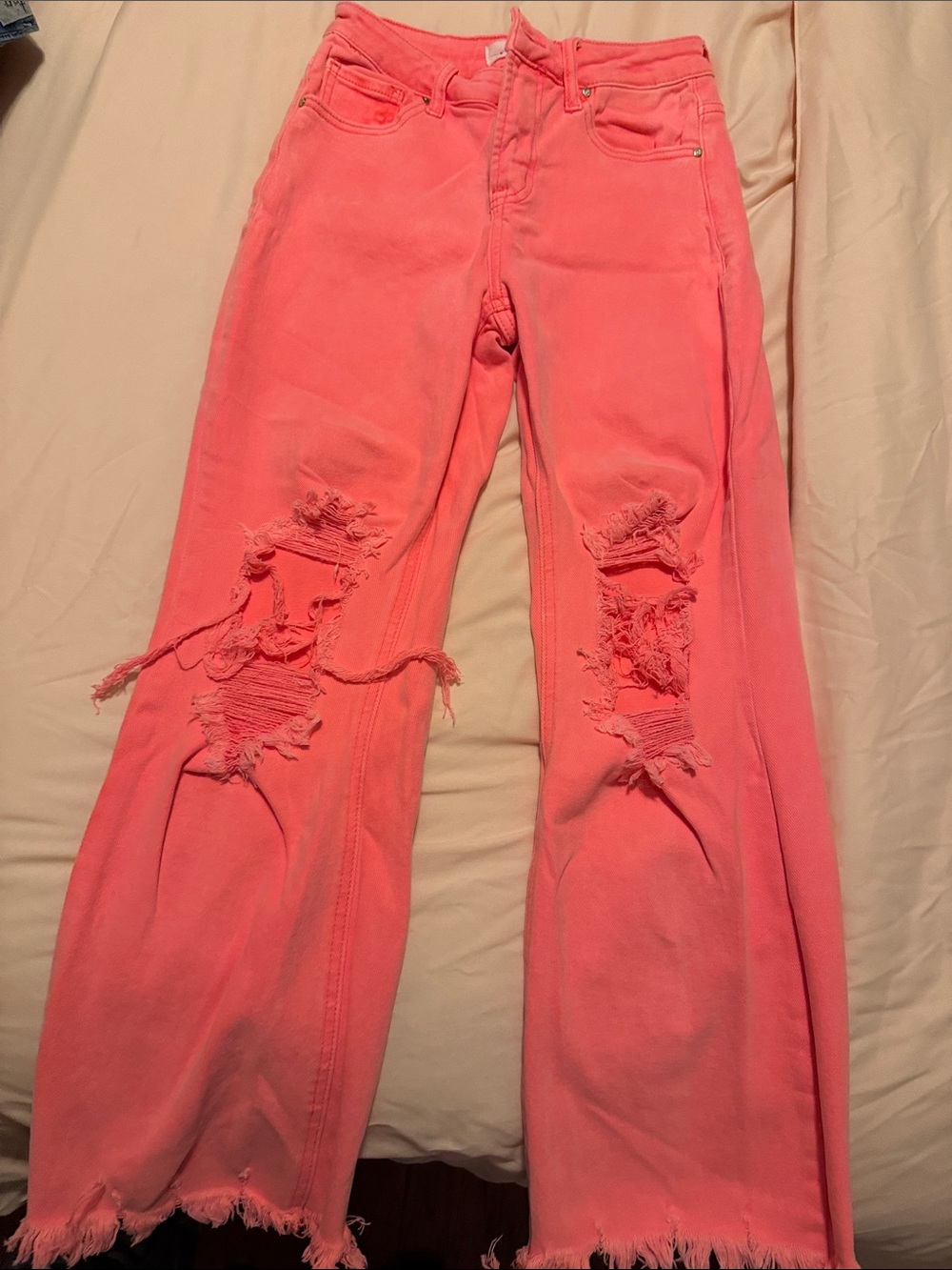 Risen Women's Coral Pink Distressed Wide-Leg Jeans